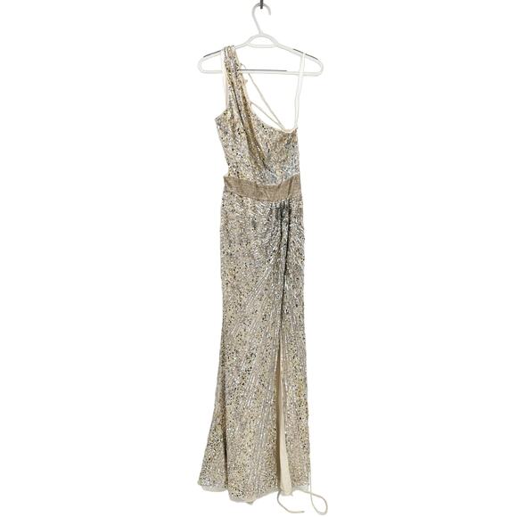Mac Duggal 5687 Nude Silver Sequin Beaded Lace Up One Shoulder Formal Gown 8 - Picture 3 of 9